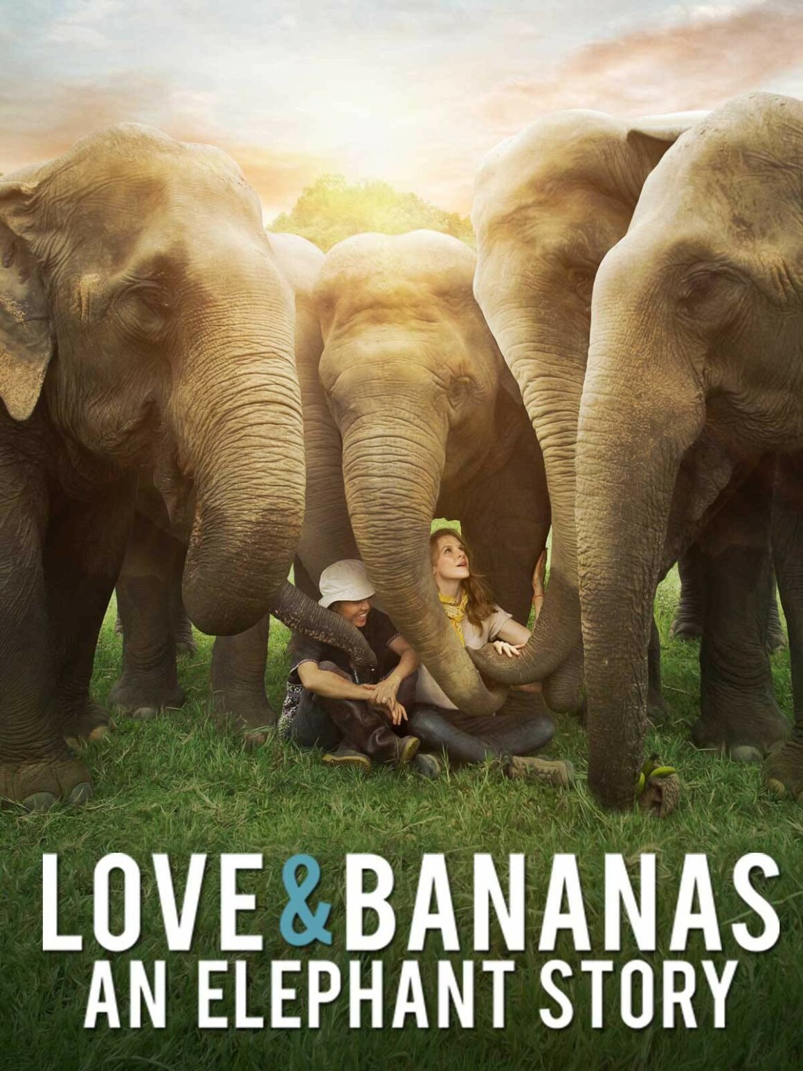 Cover von Love and Bananas an elephant story mit Elefanten unter denen zwei Personen sitzt