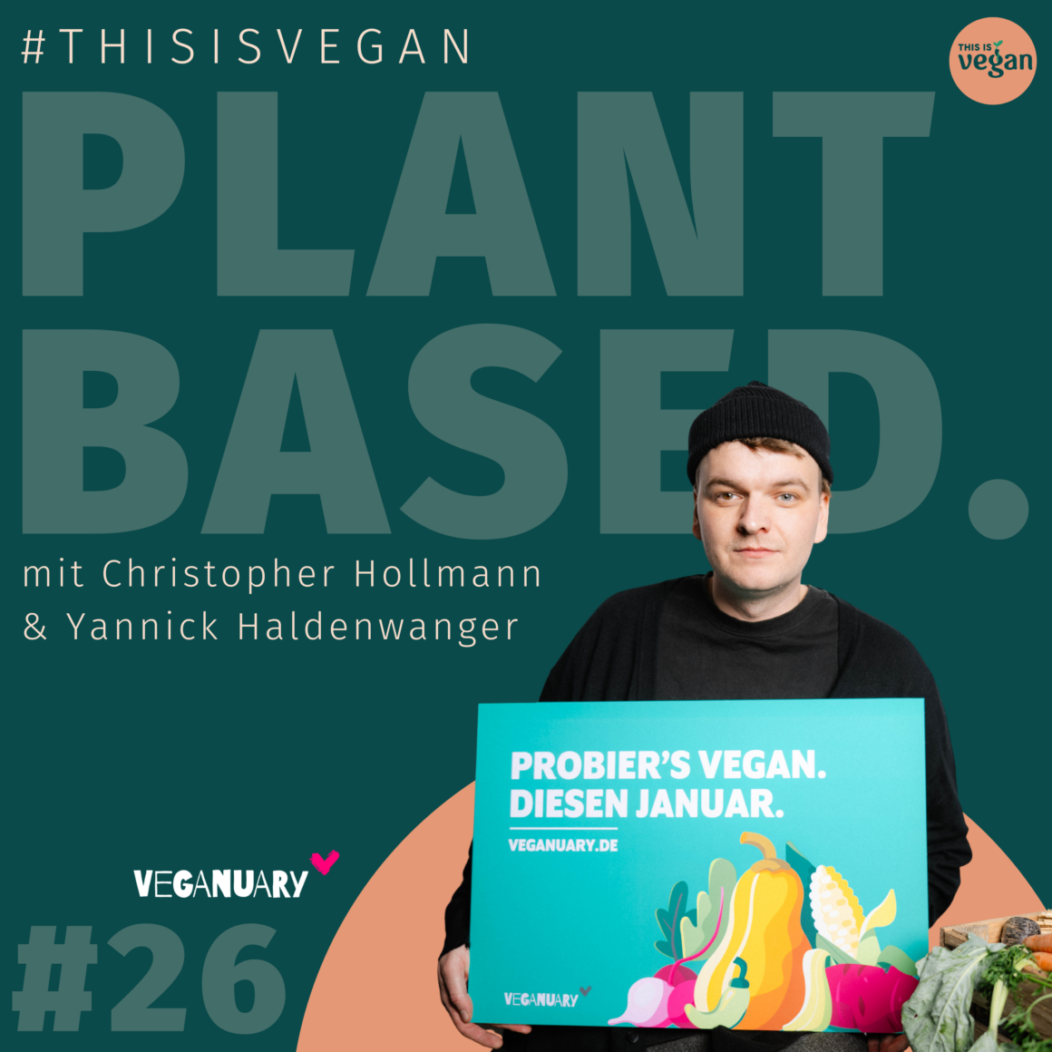 Mann vor dem Cover von thisisvegan und hält ein Schild in der Hand